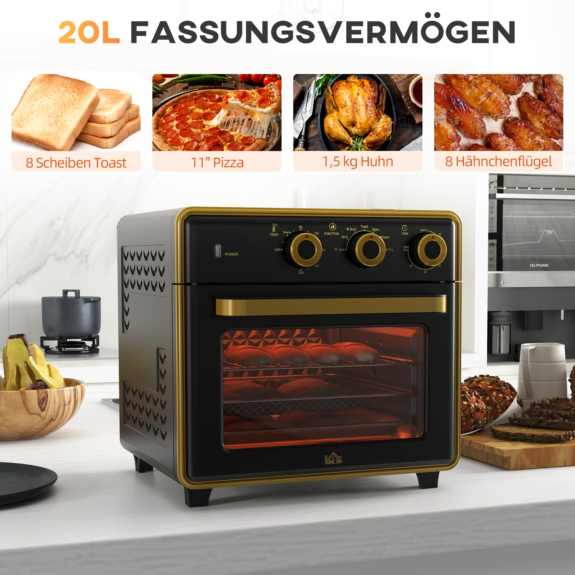 Mini-Backofen, 20 Liter, ölfreies Frittieren, Grillen, Backen, Umluft, 90-230° C, Timer, 1400W, schwarz+gold