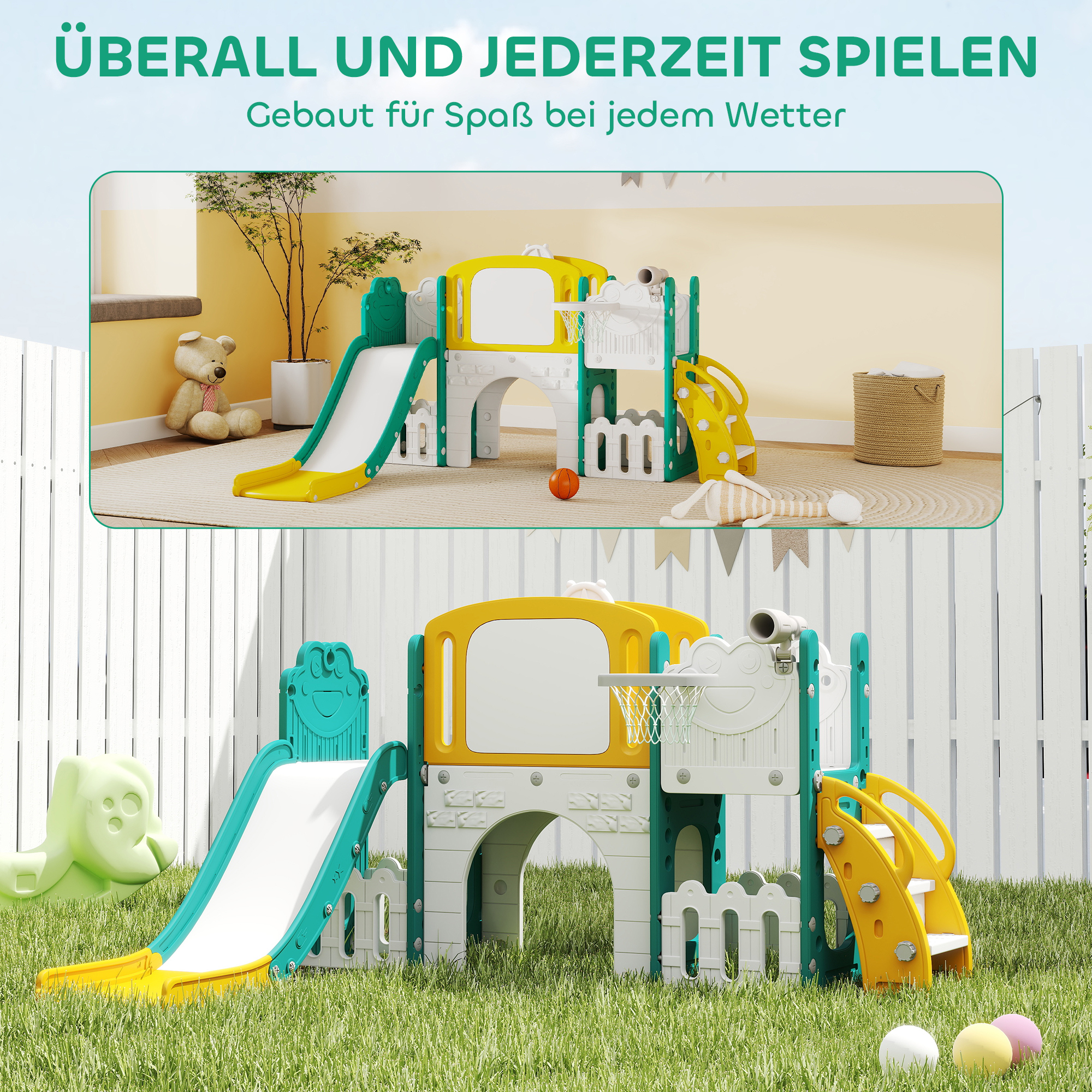 7-in-1 Rutschenset für Kleinkinder, Basketballkorb, Froschdesign, Klettergerüst, Schaukelsitz, für drinnen und draußen, Gelb+Grün