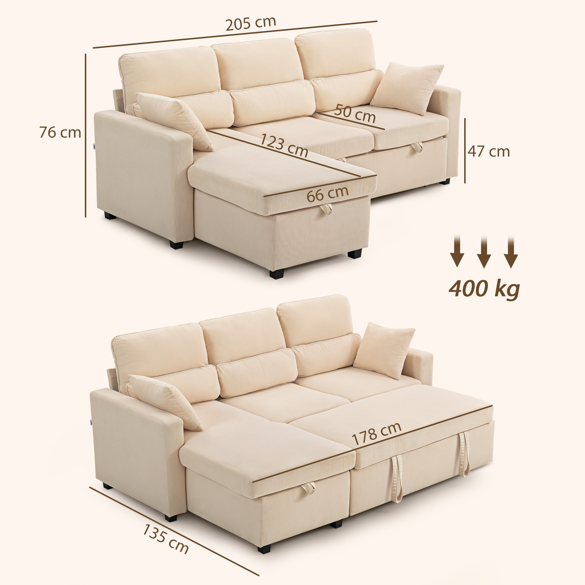 Verstellbares Bettsofa, L-förmiges Gästesofa mit Bettfunktion, Stauraum, Kissen, für Wohnzimmer, Gästezimmer, Beige