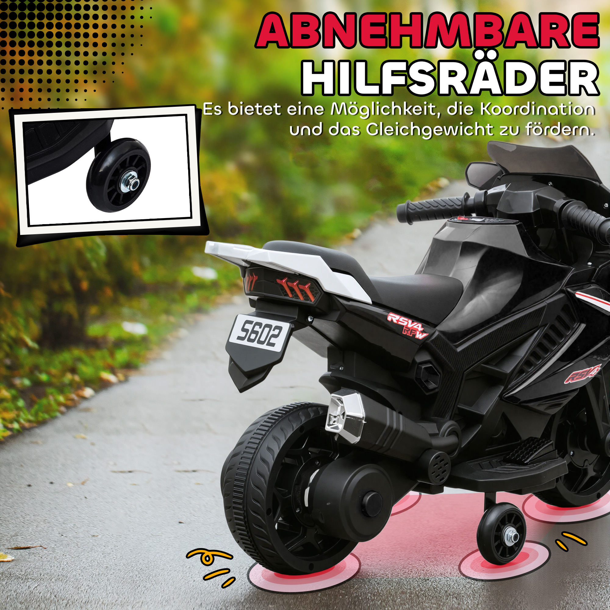 Elektro-Motorrad für Kinder, Hupe, Scheinwerfer, Musikfunktion, 2,5 km/h, Schwarz