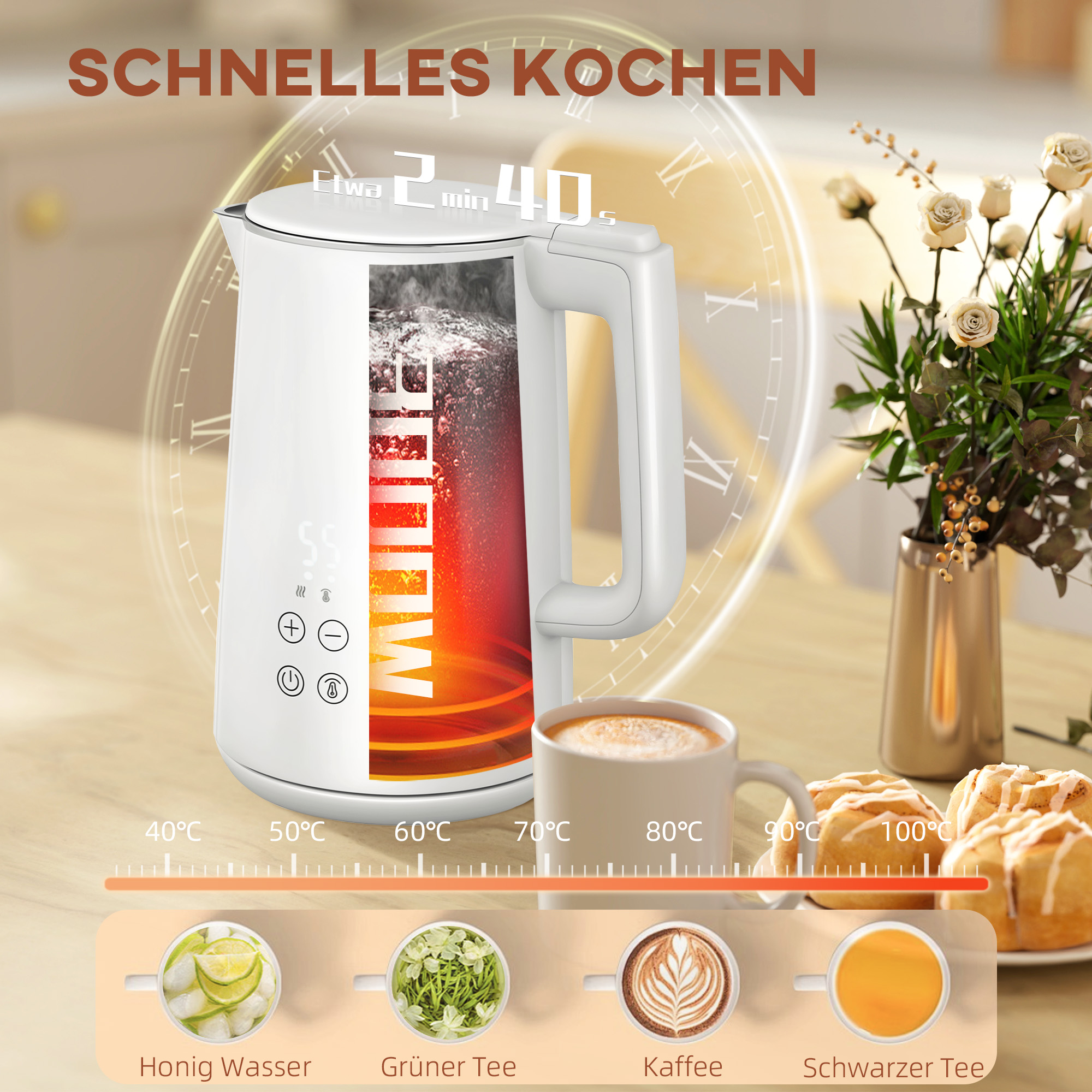 Küchenset mit Wasserkocher und Toaster, 7 Bräunungsstufen, schnelles Kochen, Edelstahl, Kunststoff, Weiß