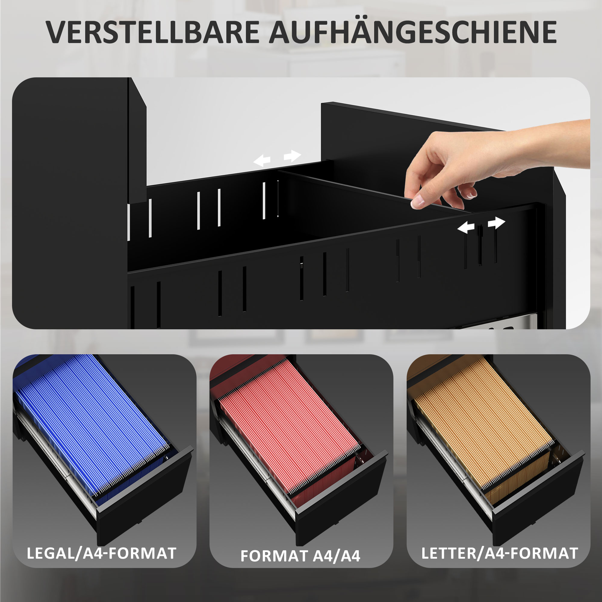 Aktenschrank aus Metall, Büroschrank, 3 Schubladen, rollbar, Schwarz