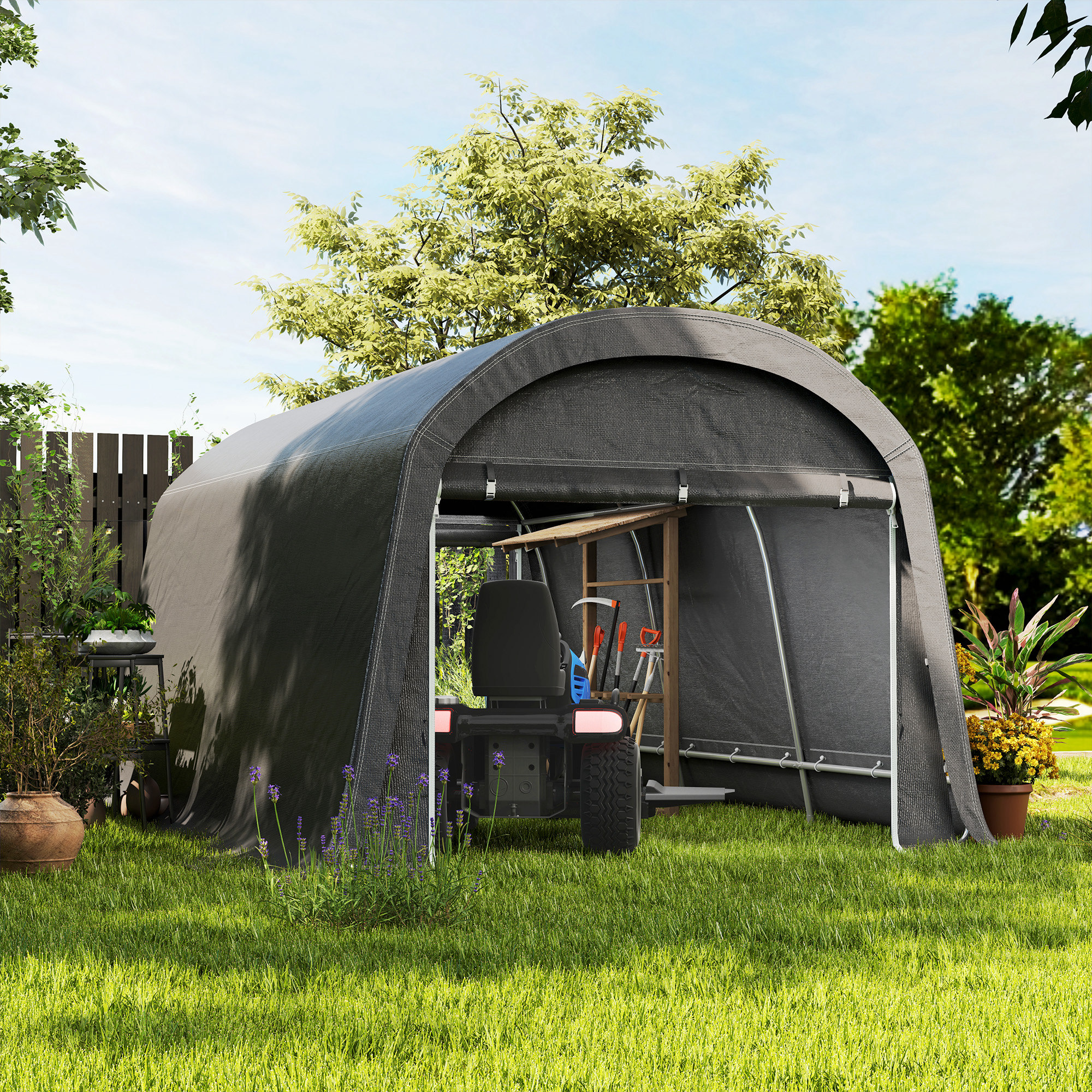 Gartenschuppen mit Kunststoff-Plane, Werkzeugzelt, aufstellbare Garage, 300B x 450T x 230H cm, Dunkelgrau