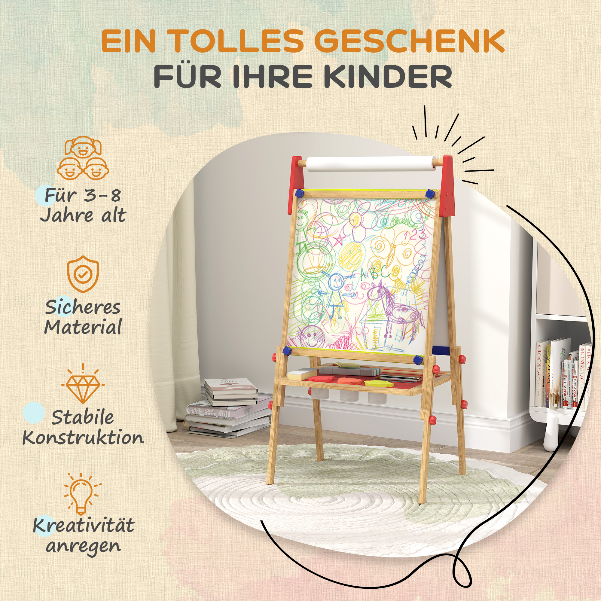 3-in-1 Kindermalstaffelei, Kreidetafel, Whiteboard, Papierrolle, inklusive Zubehör, Kiefernholz, verstellbar
