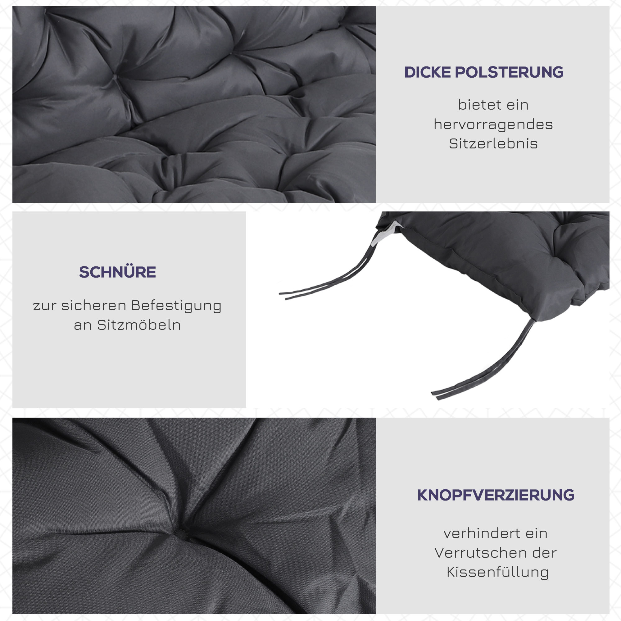 2 Sitzer Bankauflage 100 x 98 x 8 cm Sitzkissen mit Bändern Rückenkissen für Indoor/Outdoor Polster Auflage für Sitzbank Gartenbank Gartenmöbel Hollywoodschaukeln Dunkelgrau