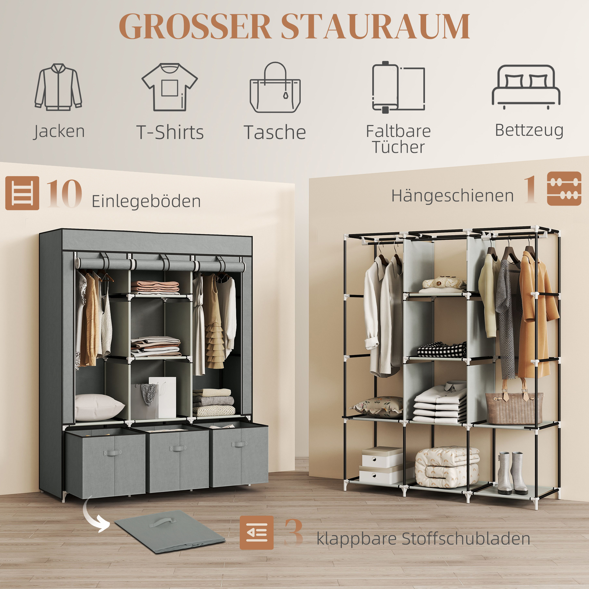 Stoffschrank aus Vlies, Faltschrank, inkl. 3 Schubladen, 125 cm x 43 cm x 162,5 cm, Hellgrau