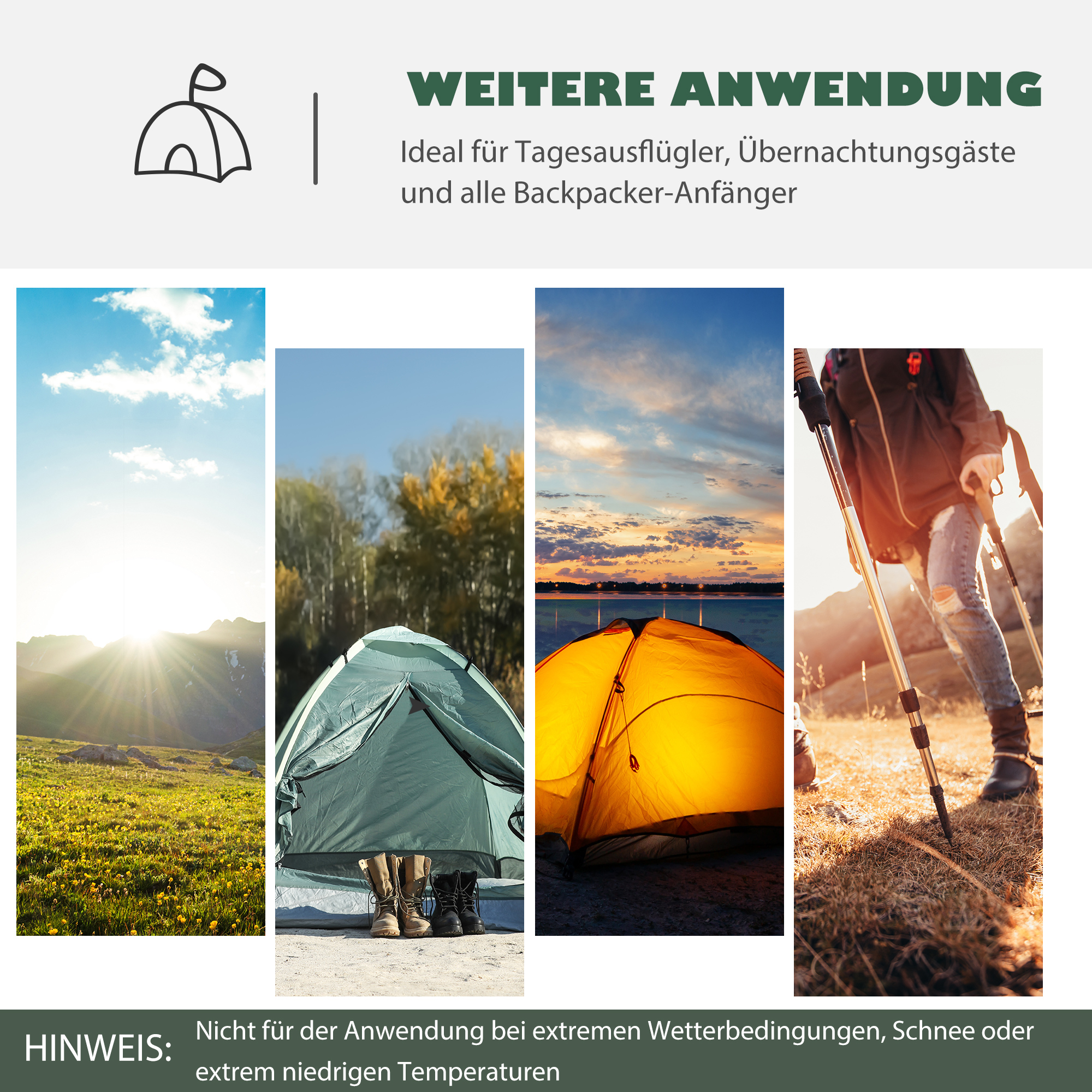 Zelt für 2 Personen 190T Campingzelt mit Heringen Kuppelzelt Glasfaser Polyester Grün+Gelb 325 x 183 x 130 cm
