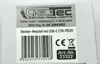 Stecker-Netzteil mit USB-C "CTN-PD20", In 100-240V~, Out 5,0V/9,0V/12,0V=, 20W