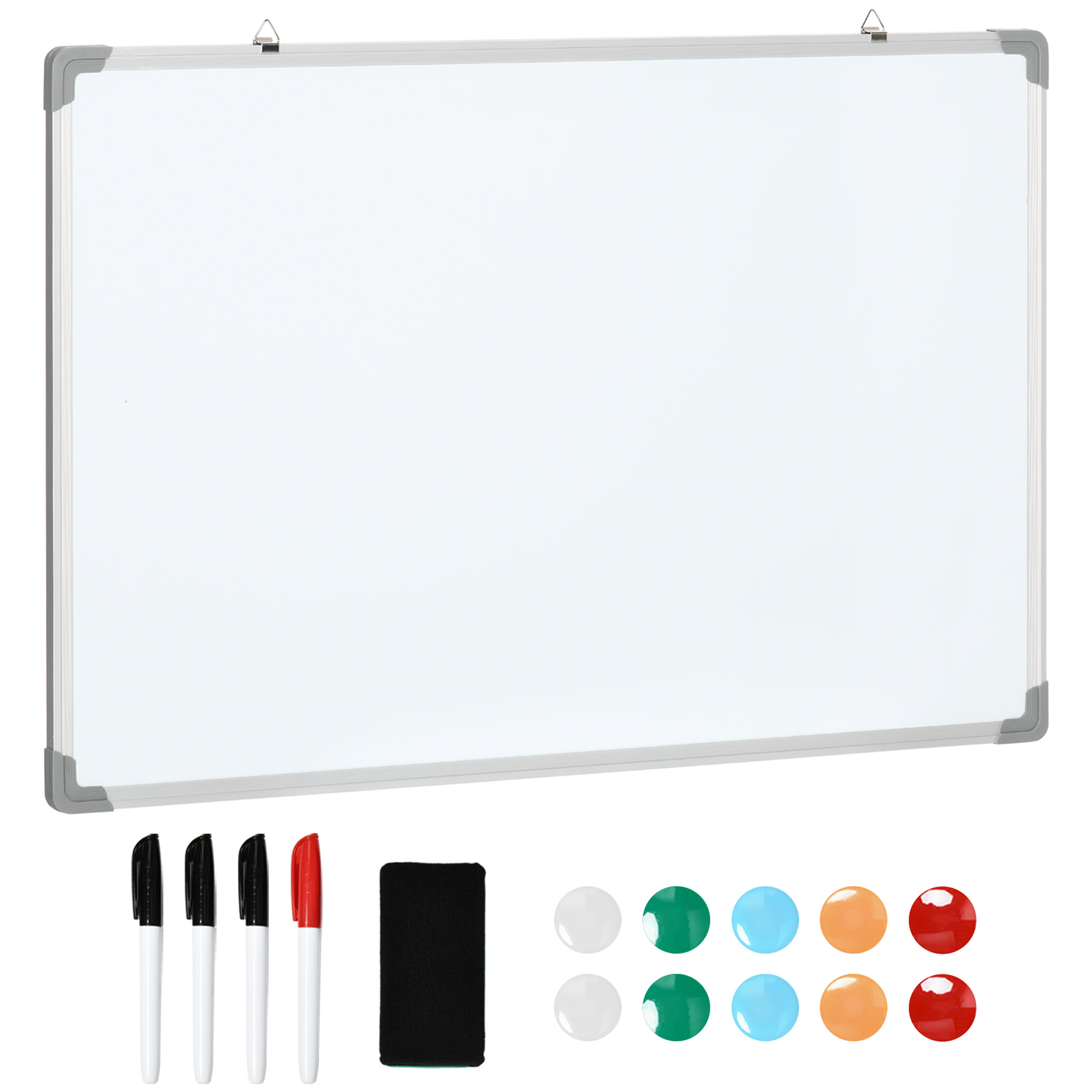 Whiteboard, Magnettafel, Notiztafel, inklusive Zubehör, 4 Stifte, 1 Schwamm, 10 Magnete, Weiß + Silber Whiteboard, Magnettafel, Notiztafel, inklusive Zubehör, 4 Stifte, 1 Schwamm, 10 Magnete, Weiß + Silber