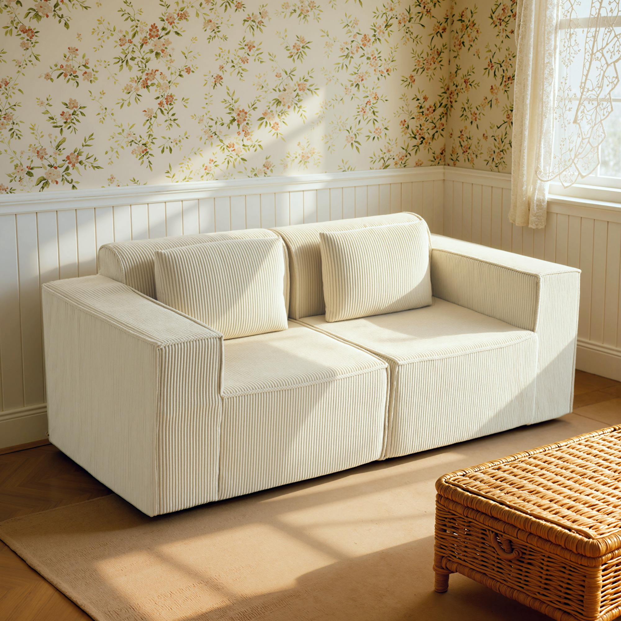 3-Sitzer-Sofa, weiche Schaumstoffstruktur, breite Armlehnen, 2 Kissen, Cordbezug, Beige